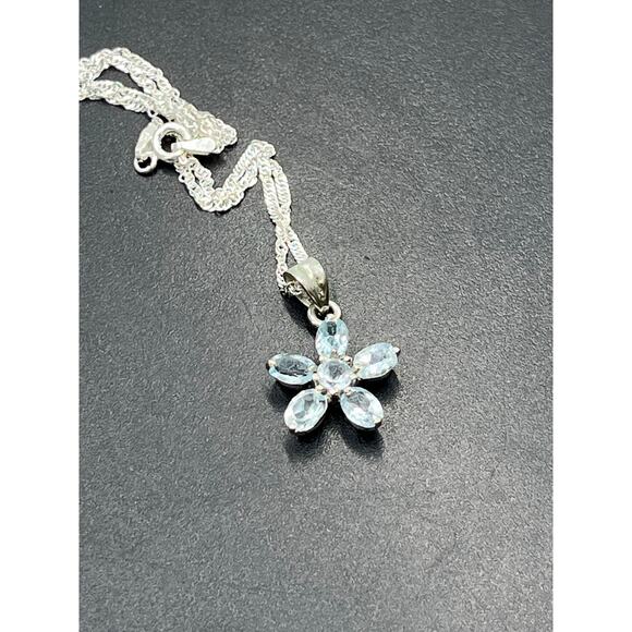 Blue Topaz Marquis Shaped Flower Pendant and Sterling Silver Singapore Chain 20” - Picture 2 of 9